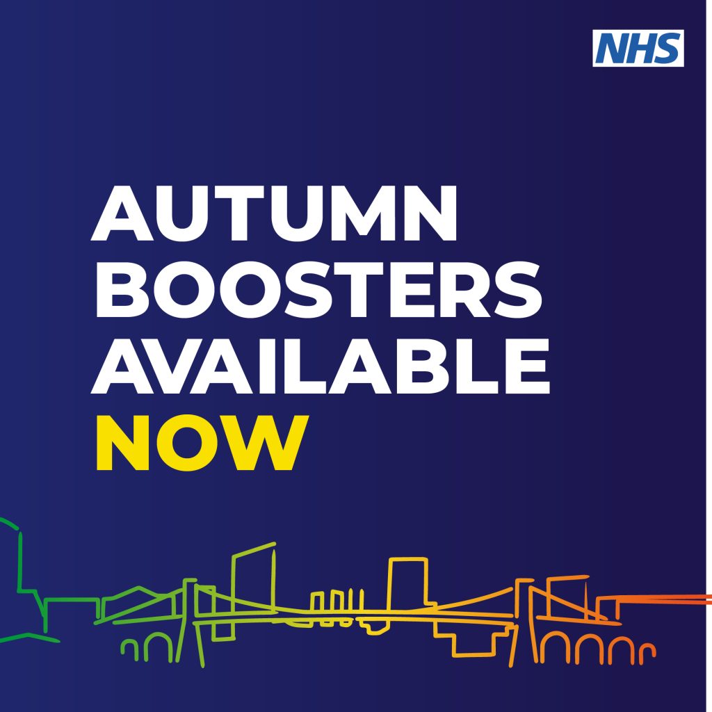 White text on a blue background saying Autumn Boosters Available Now 