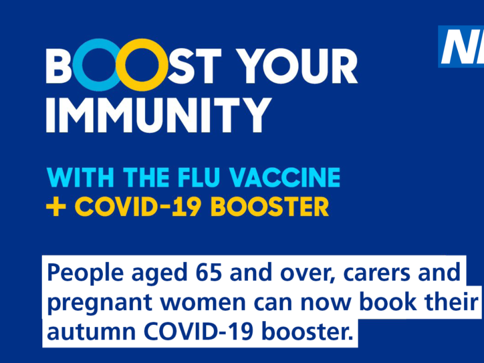 Blue background with bold text that says 'Boost your immunity with the flu vaccine and Covid-19 Booster'