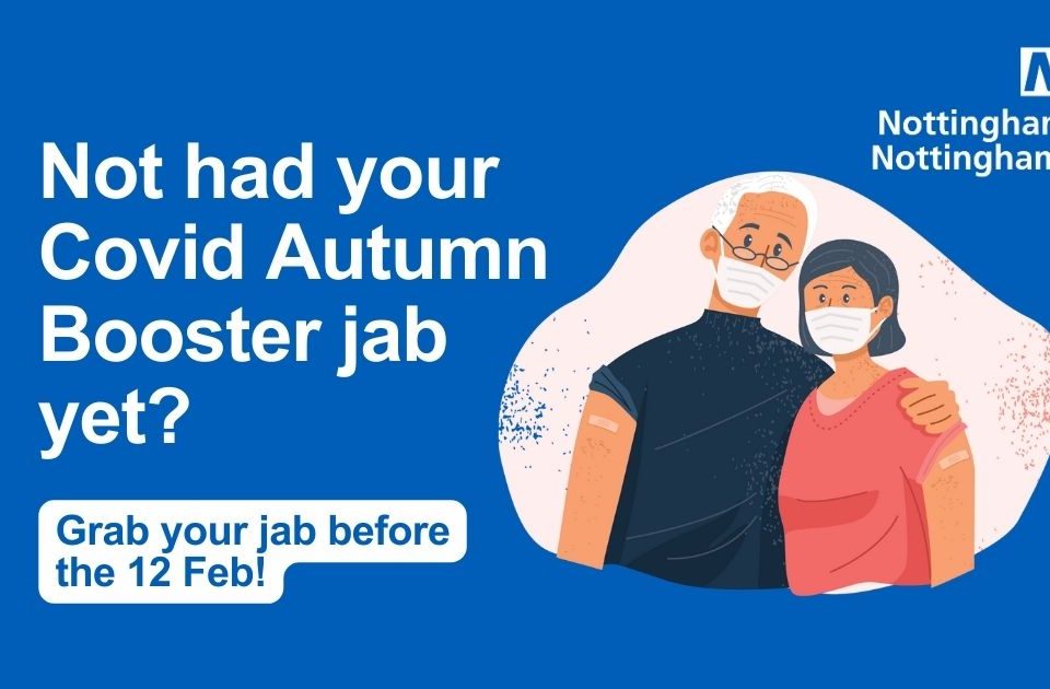 An illustration of a couple wearing masks who have just been vaccinated with the text 'Not had your covid autumn booster jab yet? Grab your jab before 12 Feb'