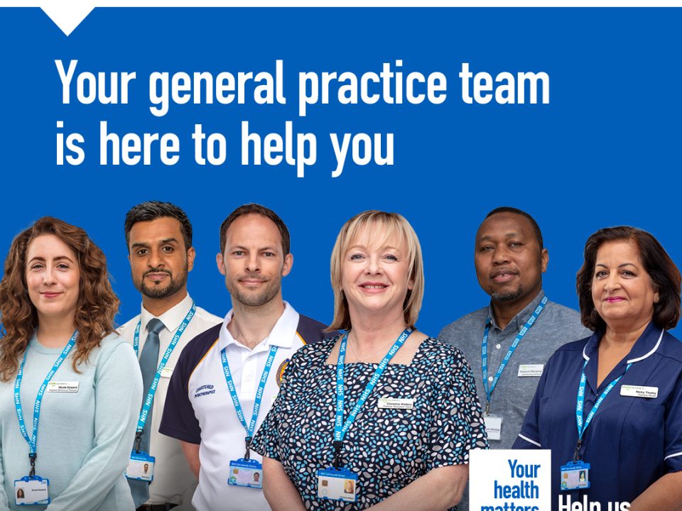 text reads: general practice team here to help you. Pictured is a group of general practice medical professionals.