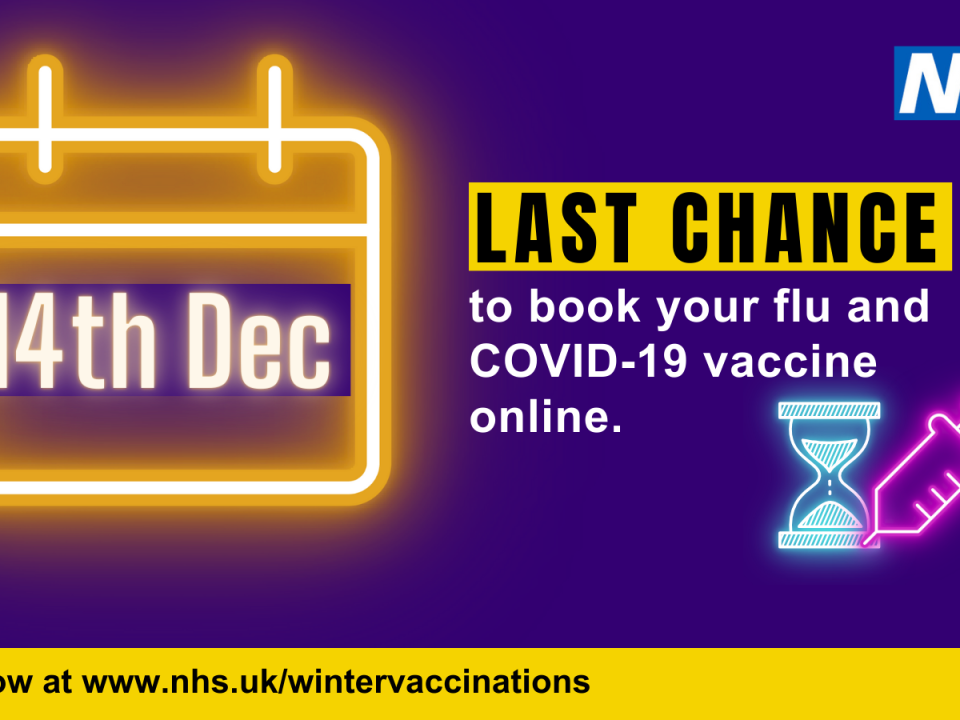 Last chance to book your flu and Covid-19 vaccine online in neon writing on a dark purple background