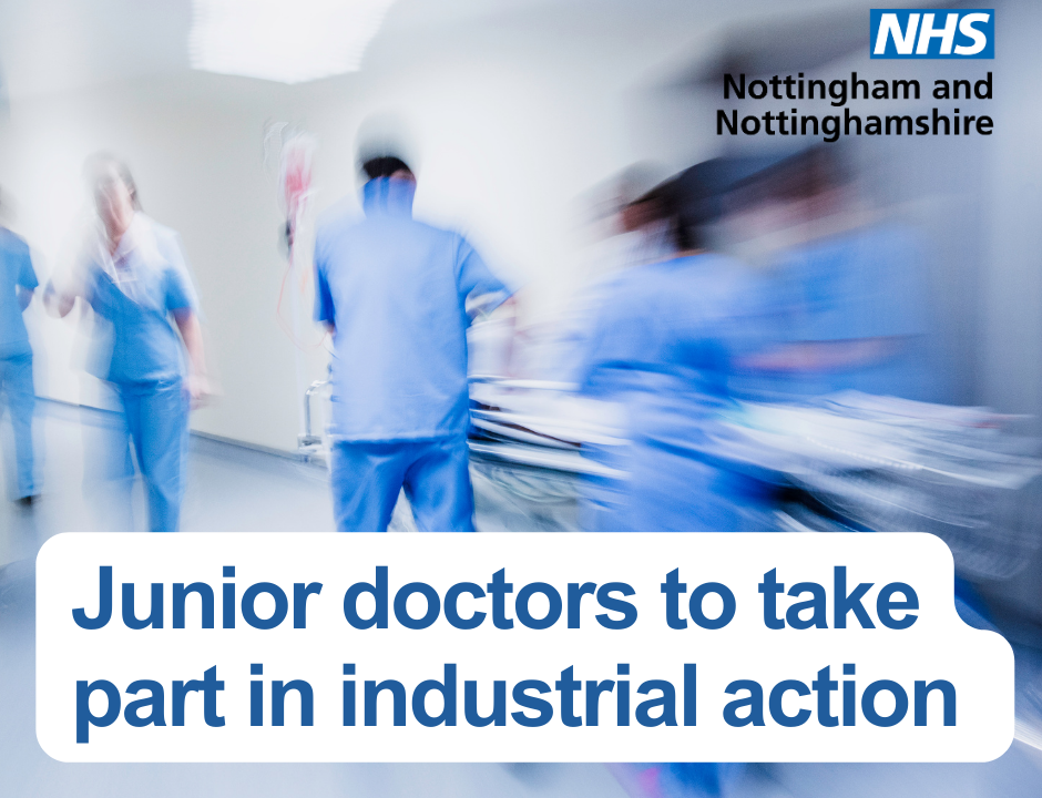 Image of doctors on a ward in hospital with the text reading "Junior doctors take part in industrial action"