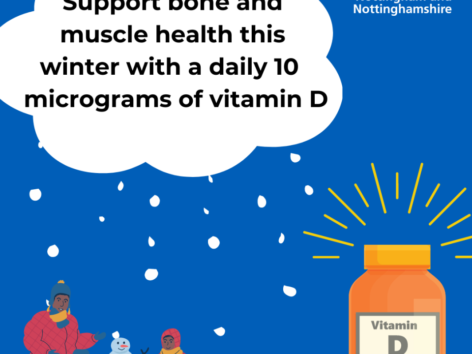 Support bone and muscle health this winter with a daily 10 micrograms of vitamin D. Illustration of a father and son building a snowman with a large bottle of vitamin D alongside them. Logo: NHS Nottingham and Nottinghamshire,