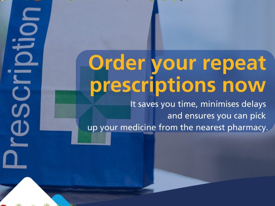 Order your prescriptions now writen over the top of a pharmacy paper bag