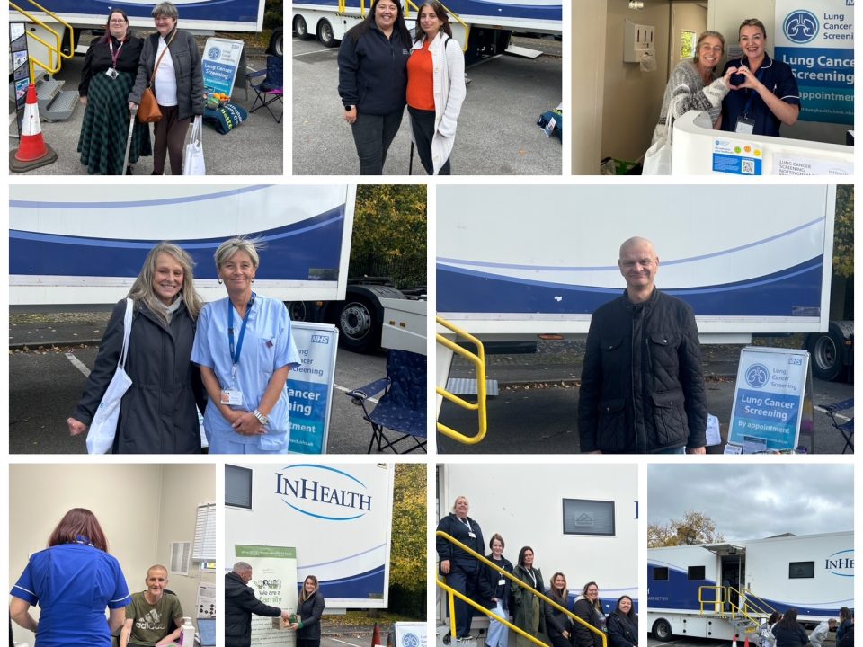 Staff and patients stood outside a lung cancer screening mobile unit
