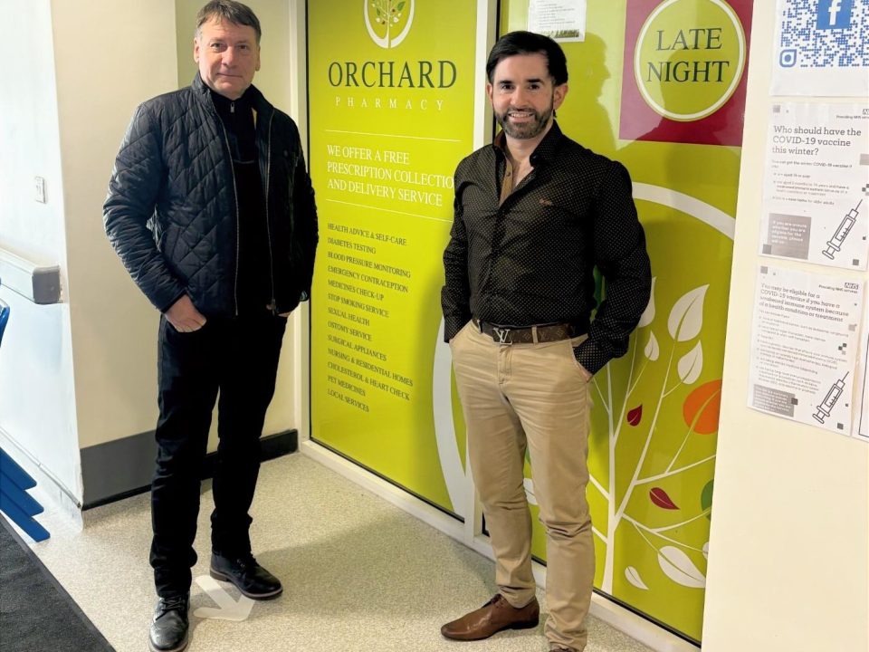 Kevin Walker of Clipstone, pictured left, with pharmacist Imran Mohammed at Orchard Pharmacy in Mansfield where he received treatment for an infected insect bite