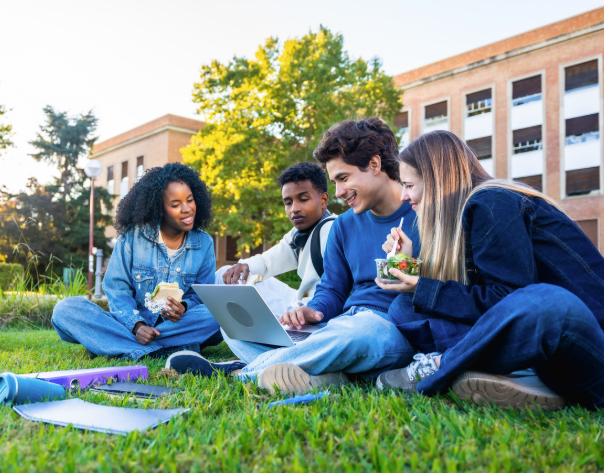 A group of four students sit on the grass outside university eating and chatting