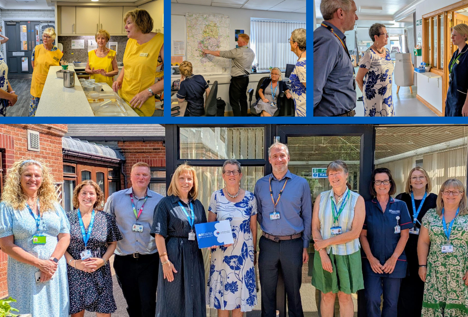 Various images of Dr Kathy McLean visiting the end of life referral hub. This includes a photo of her chatting to three volunteers in the cafe; being shown a map by the care co-ordinator team; discussing support with a nurse in the inpatient unit; and a group photo with all partners outside the hospice to mark the official opening of the hub