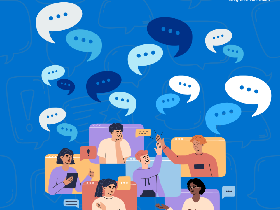 Illustration of people on screens interacting with each other. Illustration of speech bubbles. Logos for Derby and Derbyshire, Lincolnshire and Nottingham and Nottinghamshire Integrated Care Boards